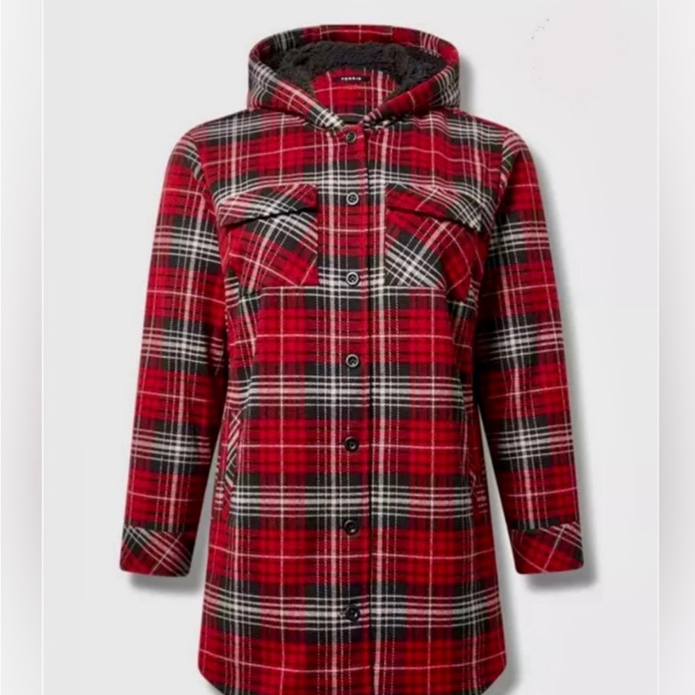 Red Plaid Shacket With Fuzzy Hood